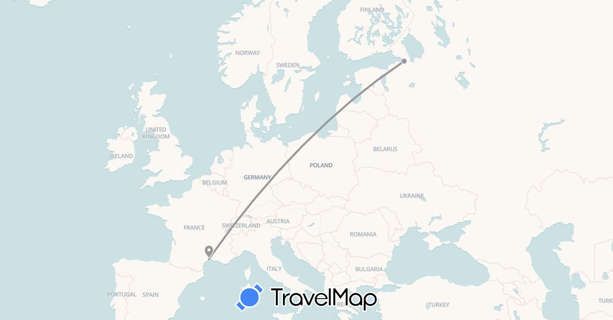 TravelMap itinerary: plane in France, Russia (Europe)